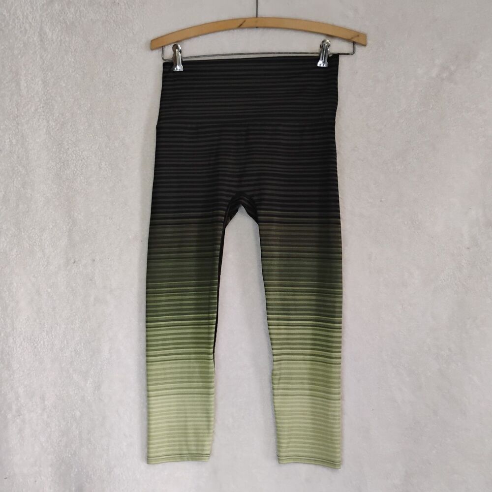 K-DEER Will Stripe Capri Leggings Large Micro Striped Olive Green High Waist Gym